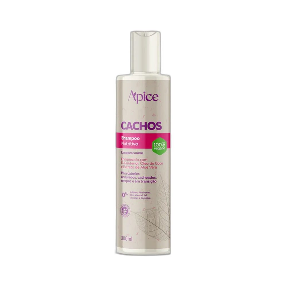 Frasco do Shampoo Apice Cachos Nutritivo 300ml com rótulo branco, rosa e verde